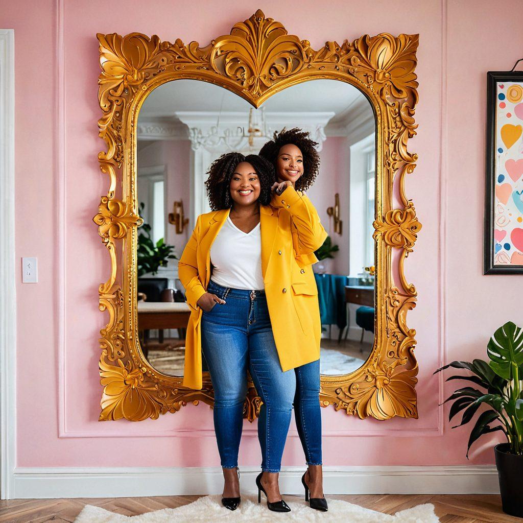 A confident individual standing in front of a mirror, dressed in a stylish outfit, smiling at their reflection. Surround the mirror with fashion trend posters and relationship quotes. Incorporate elements of body positivity, such as heart shapes and empowering words floating in the air. The background should have warm, uplifting colors to evoke a sense of empowerment. vibrant colors. super-realistic.