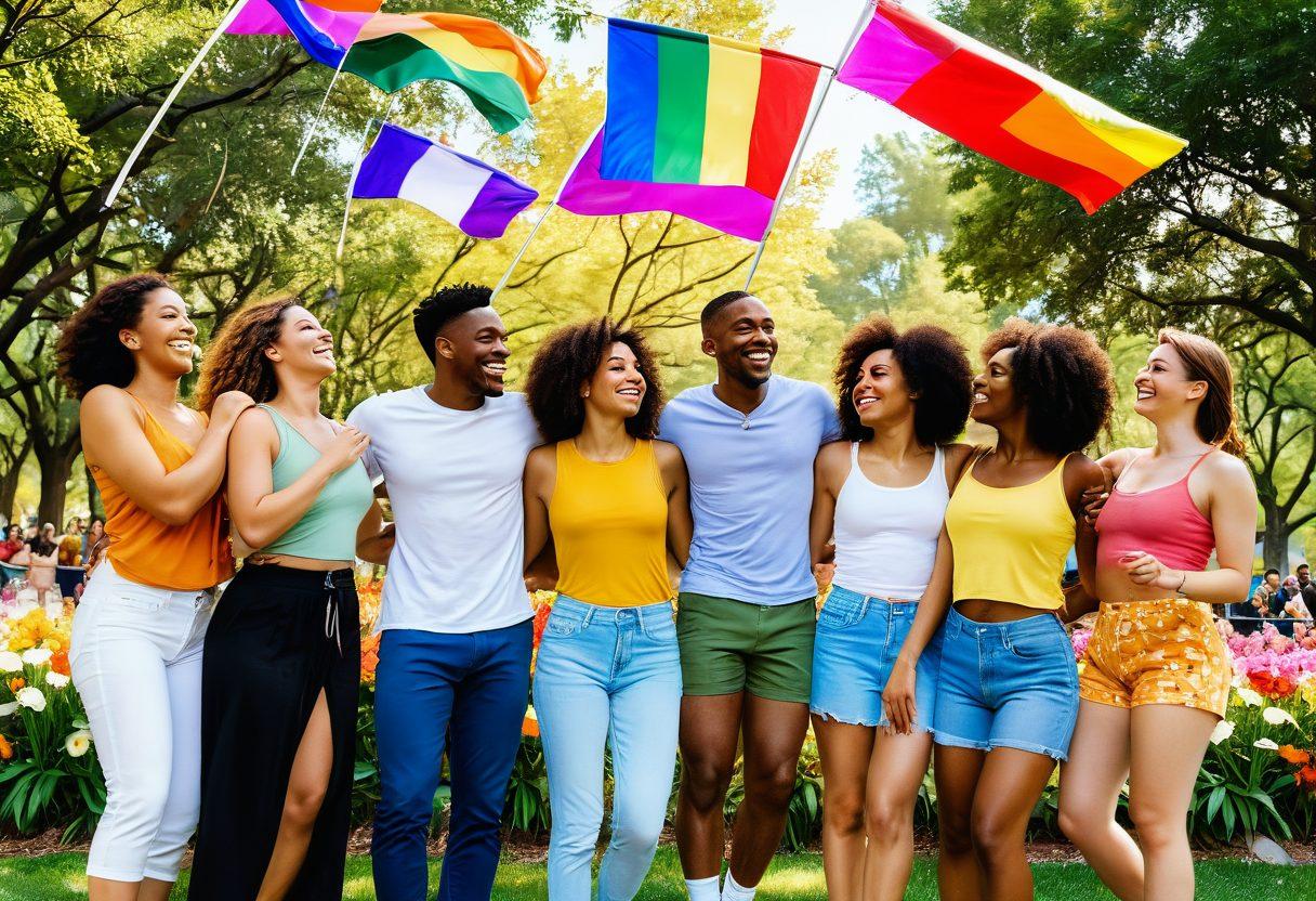 A diverse group of individuals enjoying a modern dating experience in a vibrant urban park, engaging in playful and sensual connections, surrounded by colorful flowers and greenery. Include elements that symbolize inclusivity, such as pride flags, and playful interactions. The scene should have warm, inviting lighting to evoke a sense of comfort and openness. super-realistic. vibrant colors.