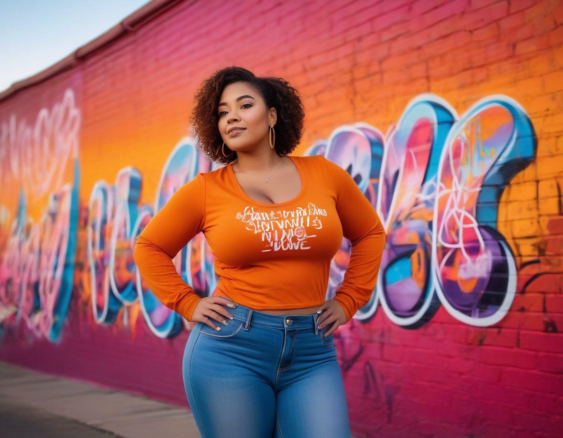 A confident woman of diverse ethnicity celebrating her curves, standing proudly in a modern urban setting. She wears a stylish outfit that accentuates her figure, surrounded by empowering quotes about body positivity and self-love in a graffiti style. The background features a vibrant sunset, symbolizing hope and empowerment. The composition radiates warmth, inclusivity, and strength. bright colors. urban art style.